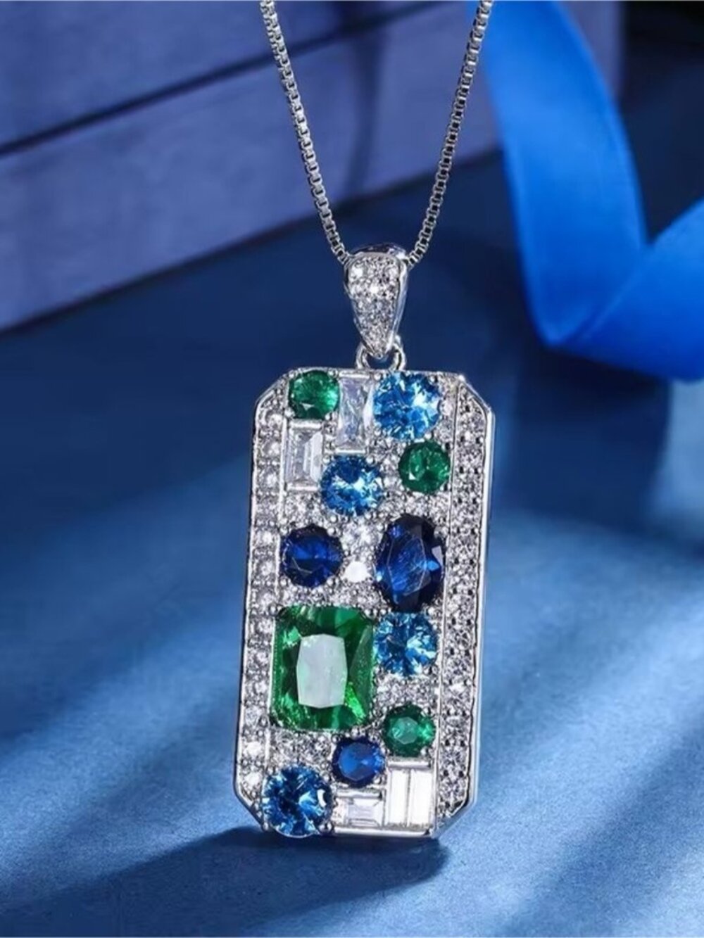 Silver Pendant Necklace with Blue & Green Gemstones - Women Jewelry